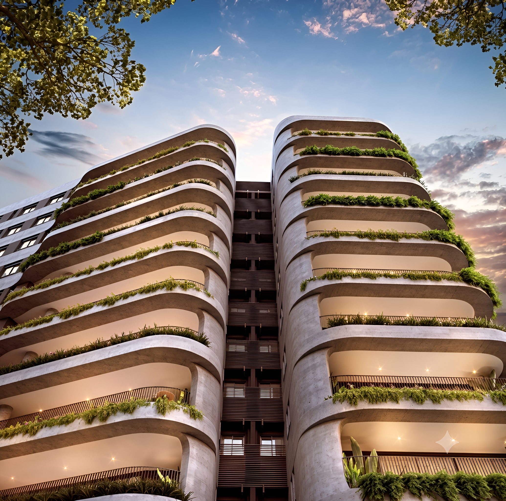 Fachada do Acervo Residences Alphaville ao pôr do sol