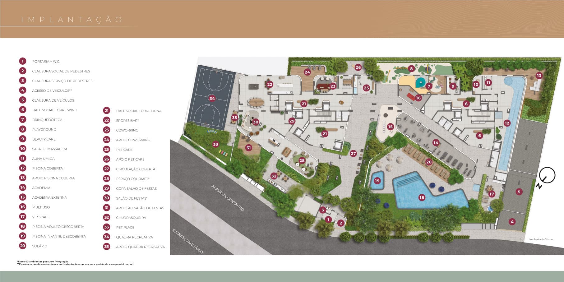 Planta de implantação do térreo do Acervo Residences, com as duas torres e a área de lazer