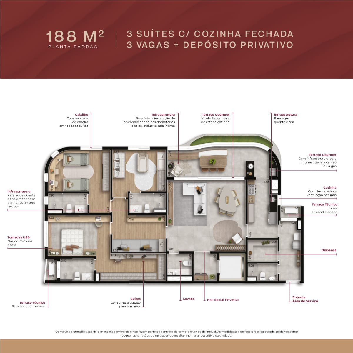 Planta de 188 m² do Acervo Residences